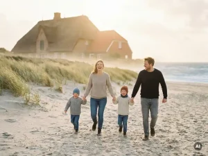 Familie mit zwei Kindern läuft lachend über einen Nordseestrand im Abendlicht, Dünen und reetgedecktes Bauernhaus im Hintergrund.