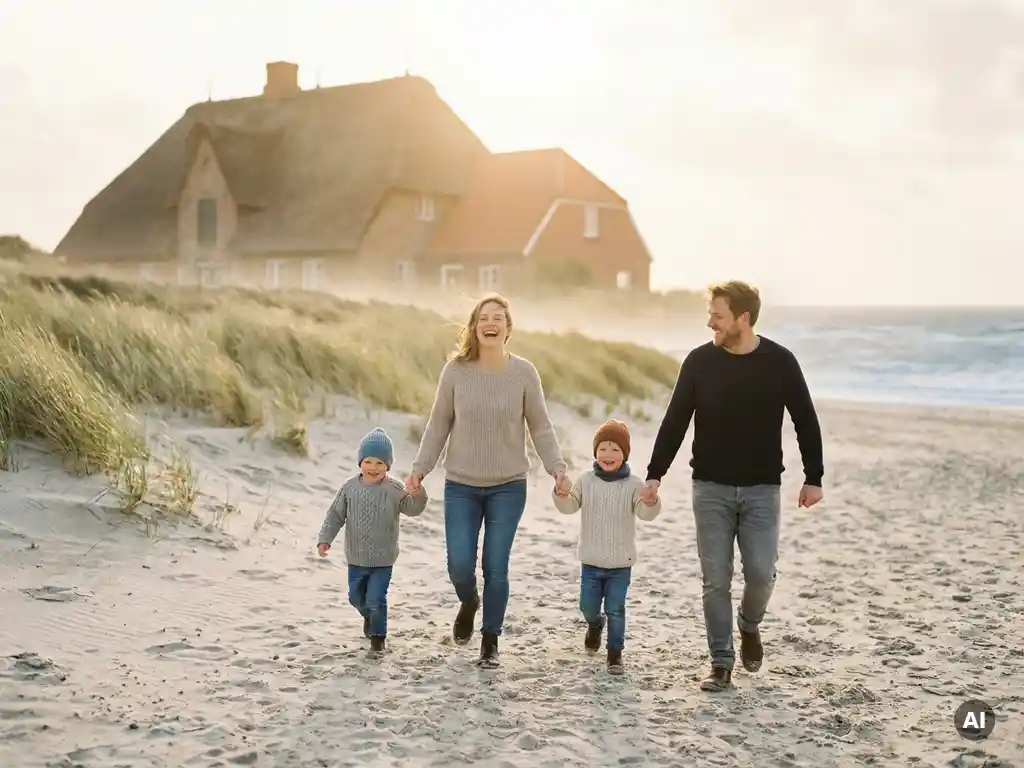 Familie mit zwei Kindern läuft lachend über einen Nordseestrand im Abendlicht, Dünen und reetgedecktes Bauernhaus im Hintergrund.