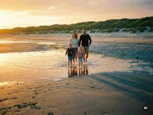 Familie mit zwei Kindern läuft barfuß bei Ebbe über den Nordseestrand, goldenes Abendlicht spiegelt sich im nassen Sand.