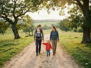 Familie beim Wandern auf einem sonnigen Weg in Schleswig-Holstein, Kind zeigt begeistert in die Ferne, Eltern lächeln im goldenen Nachmittagslicht.