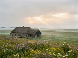 Friesisches Reetdachhaus inmitten von Wildblumen auf einer weiten grünen Wiese, Morgennebel über der Nordseeküste.