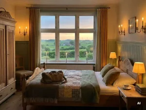 Friesisches Hotelzimmer mit Holzmöbeln, gemachtem Bett und Reisetasche, Blick auf die Schleswig-Holsteinische Landschaft im Abendlicht.