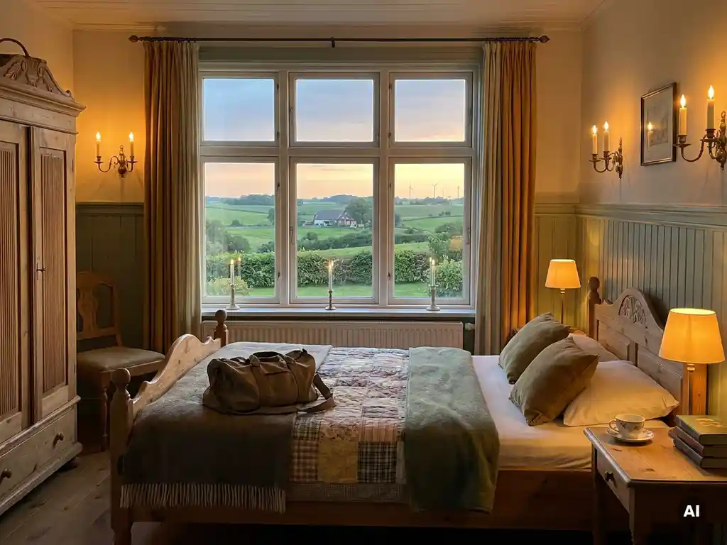 Friesisches Hotelzimmer mit Holzmöbeln, gemachtem Bett und Reisetasche, Blick auf die Schleswig-Holsteinische Landschaft im Abendlicht.
