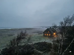 Einsames Fachwerkgasthaus mit warmem Lichtschein in winterlicher Heidelandschaft Schleswig-Holsteins, Birken und Nordsee-Horizont im Nebel.