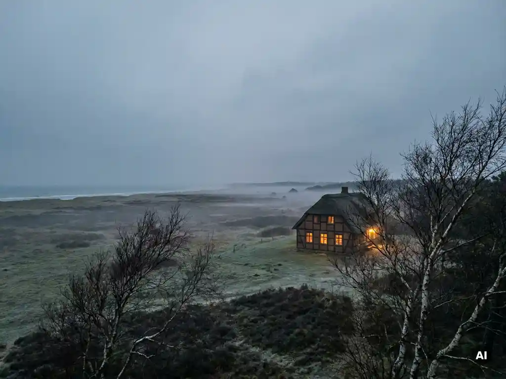 Einsames Fachwerkgasthaus mit warmem Lichtschein in winterlicher Heidelandschaft Schleswig-Holsteins, Birken und Nordsee-Horizont im Nebel.