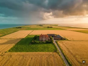 Friesisches Backsteinhotel inmitten goldener Weizenfelder zwischen Nord- und Ostsee bei dramatischem Abendlicht.