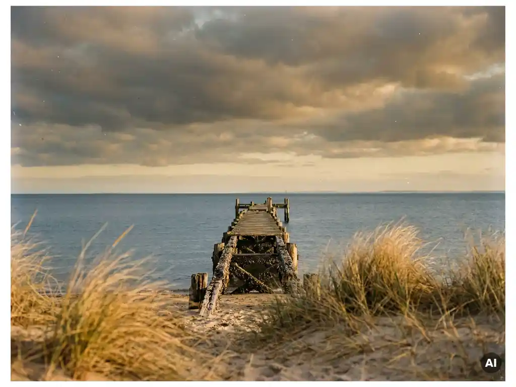 Verwitterter Holzsteg an der Ostseeküste mit goldenem Dünengras im Vordergrund und dramatischen Wolken im Abendlicht.