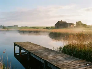 Verwitterter Holzsteg führt in einen stillen See mit goldenem Schilf, Morgennebel und friesischem Reetdachhaus im Hintergrund.