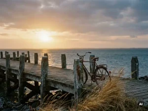 Verwitterter Holzsteg an der Nordsee im Abendlicht, Vintage-Fahrrad an einen Pfosten gelehnt, Küstengras im Wind.