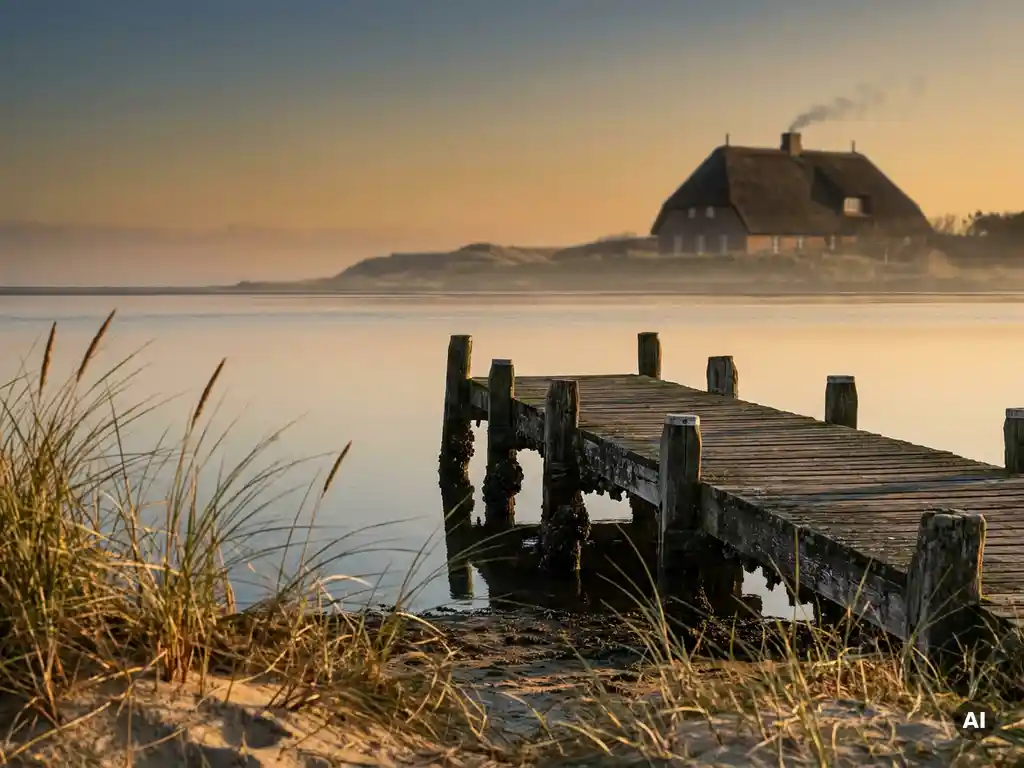 Verwitterter Holzsteg führt in ruhige Nordsee-Bucht bei Goldener Stunde, Stranddünen mit Strandgras und friesischem Reetdachhaus im Hintergrund.