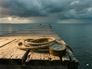 Verwitterter Holzsteg mit Seil und Kompass führt in Richtung Ostsee, goldenes Morgenlicht trifft dramatisch-grauen Sturmhimmel.