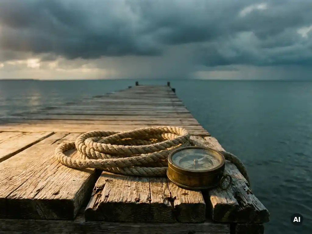Verwitterter Holzsteg mit Seil und Kompass führt in Richtung Ostsee, goldenes Morgenlicht trifft dramatisch-grauen Sturmhimmel.