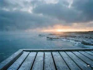 Verschneiter Holzsteg an der Ostsee im Morgengrauen, weiches Winterlicht über der Schleswig-Holsteinischen Marschlandschaft.