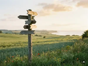 Verwitterter Holzwegweiser mit mehreren Richtungspfeilen auf einer grünen Schleswig-Holstein-Wiese im warmen Nachmittagslicht.