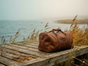 Abgenutzte Ledertasche auf verwittertem Holzsteg, dahinter die ruhige Ostsee im Morgennebel mit goldenen Herbstschilf.