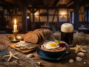 Dampfender Labskaus mit Roggenbrot, Räucherfisch und Bierkrug auf rustikalem Holztisch in norddeutscher Gaststätte mit Fischernetzen.