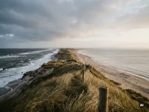 Küstenpanorama in Schleswig-Holstein: stürmische Nordsee trifft ruhige Ostsee an einer Landenge im goldenen Abendlicht.