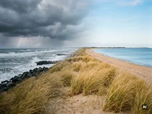 Grenen-Landzunge in Dänemark, wo stürmische Nordsee auf ruhige Ostsee trifft, goldenes Dünengras im Vordergrund.