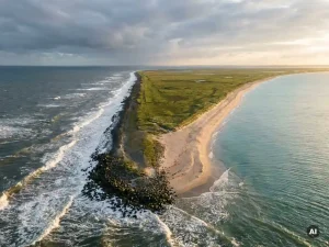 Luftpanorama von Schleswig-Holstein mit stürmischer Nordsee und ruhiger Ostsee, getrennt durch grüne Marschlandschaft im Abendlicht.