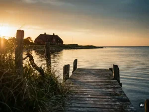 Verwitterter Holzsteg führt in die ruhige Ostsee bei Sonnenuntergang, mit Dünen und friesischem Bauernhaus im Hintergrund.