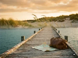 Verwitterter Holzsteg an der Ostsee im Abendlicht, mit Ledertasche und gefalteter Karte auf den Planken, Norddeutsche Küste.
