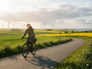 Radfahrer auf Küstenweg in Schleswig-Holstein mit Rapsfeldern, Windrädern und Nordsee im Hintergrund bei warmem Nachmittagslicht.