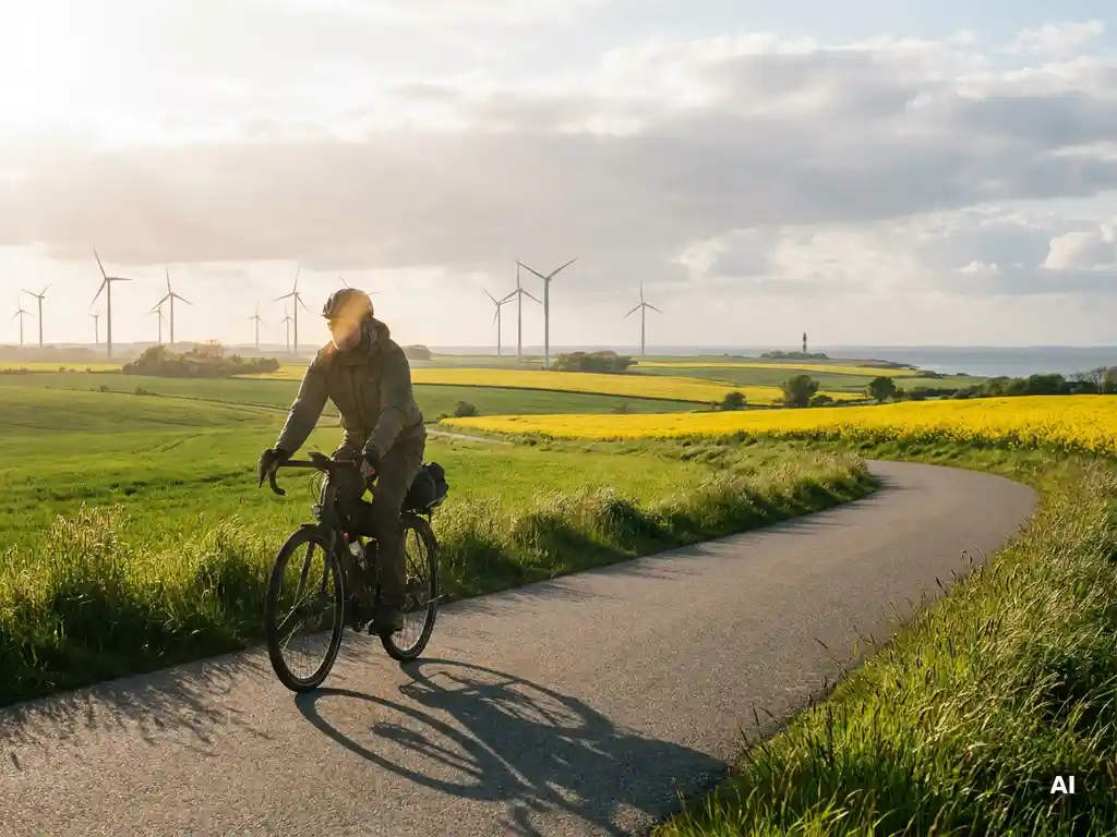 Radfahrer auf Küstenweg in Schleswig-Holstein mit Rapsfeldern, Windrädern und Nordsee im Hintergrund bei warmem Nachmittagslicht.
