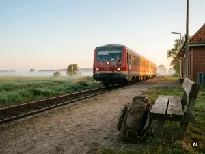 Verwitterter roter Regionalzug hält an kleinem Bahnhof in der Schleswig-Holsteinischen Marsch, Reiserucksack an Holzbank, Morgennebel über Feldern.