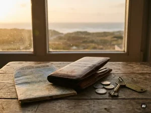 Aufgeklapptes Leder-Reiseetui auf rustikalem Holztisch mit Schleswig-Holstein-Karte, Euromünzen und Messingschlüssel, Küstenlandschaft im Hintergrund.