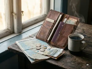 Aufgeklapptes Leder-Reiseportemonnaie mit dänischen Münzen, Euroscheinen und Schleswig-Holstein-Karte neben dampfendem Kaffee im Morgenlicht.
