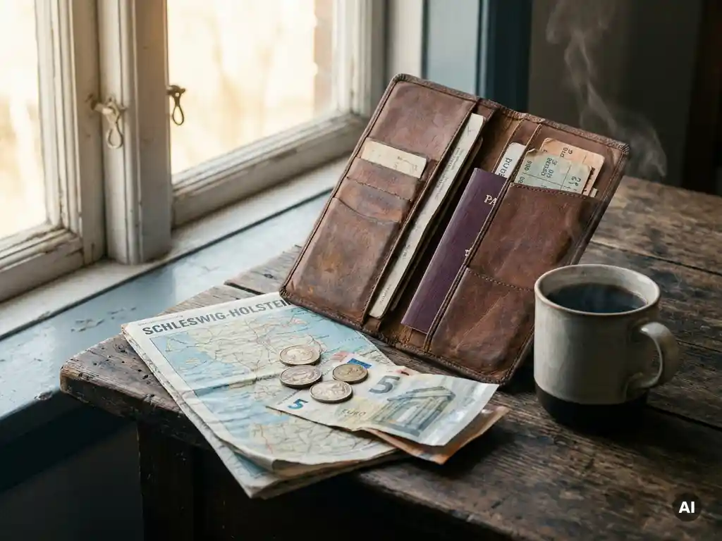 Aufgeklapptes Leder-Reiseportemonnaie mit dänischen Münzen, Euroscheinen und Schleswig-Holstein-Karte neben dampfendem Kaffee im Morgenlicht.