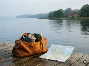 Verwitterte Ledertasche auf einem Holzsteg mit Schleswig-Holstein-Karte, im Hintergrund ein friesisches Backsteinhaus am nebligen Fjord.
