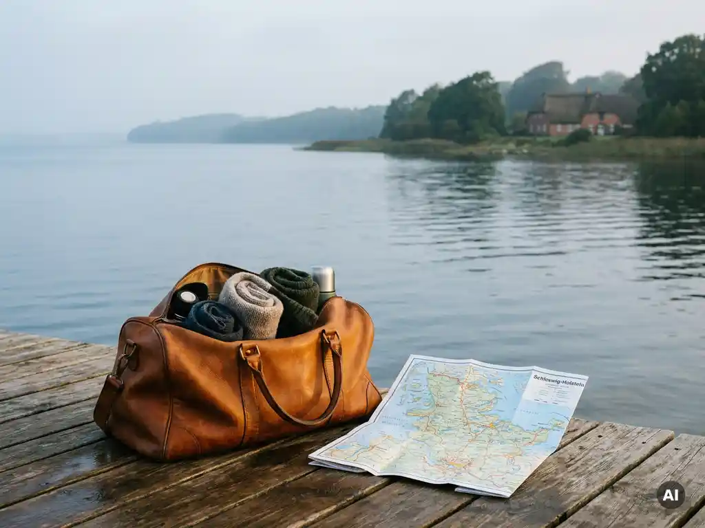 Verwitterte Ledertasche auf einem Holzsteg mit Schleswig-Holstein-Karte, im Hintergrund ein friesisches Backsteinhaus am nebligen Fjord.