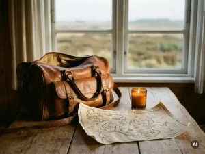 Aufgeklappte Ledertasche auf rustikalem Holztisch mit handgezeichneter Schleswig-Holstein-Karte und brennender Bernsteinkerze, Heidelandschaft im Hintergrund.