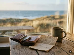 Abgenutztes Lederportemonnaie mit handgeschriebenem Reisebudget-Notizzettel auf rustikalem Holztisch, Küstenlandschaft Schleswig-Holsteins im Hintergrund.