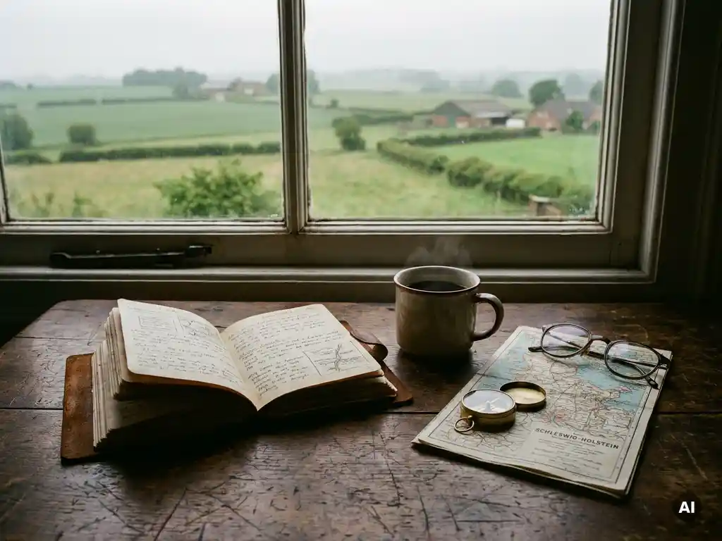 Aufgeschlagenes Leder-Reisetagebuch mit dampfendem Kaffee, Karte und Kompass auf Holztisch, Blick auf neblige Schleswig-Holstein-Landschaft im Morgenlicht.