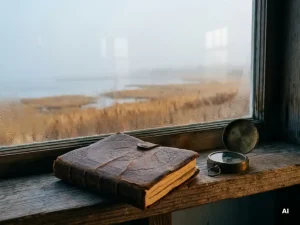 Verwittertes Lederreisetagebuch und Vintage-Kompass auf Holzfensterbank mit Blick auf norddeutsche Küstenlandschaft im Morgennebel.