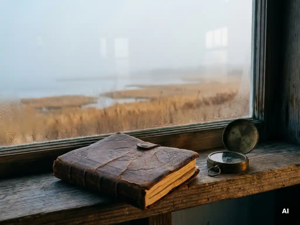 Verwittertes Lederreisetagebuch und Vintage-Kompass auf Holzfensterbank mit Blick auf norddeutsche Küstenlandschaft im Morgennebel.