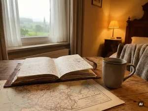 Aufgeschlagenes Leder-Reisetagebuch mit dampfendem Kaffee und Vintage-Karte von Schleswig-Holstein auf rustikalem Holztisch im Morgenlicht.