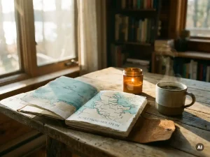 Verwittertes Leder-Reisetagebuch mit handgezeichneter Schleswig-Holstein-Küstenkarte, Kaffeetasse und Kerze im warmen Morgenlicht.