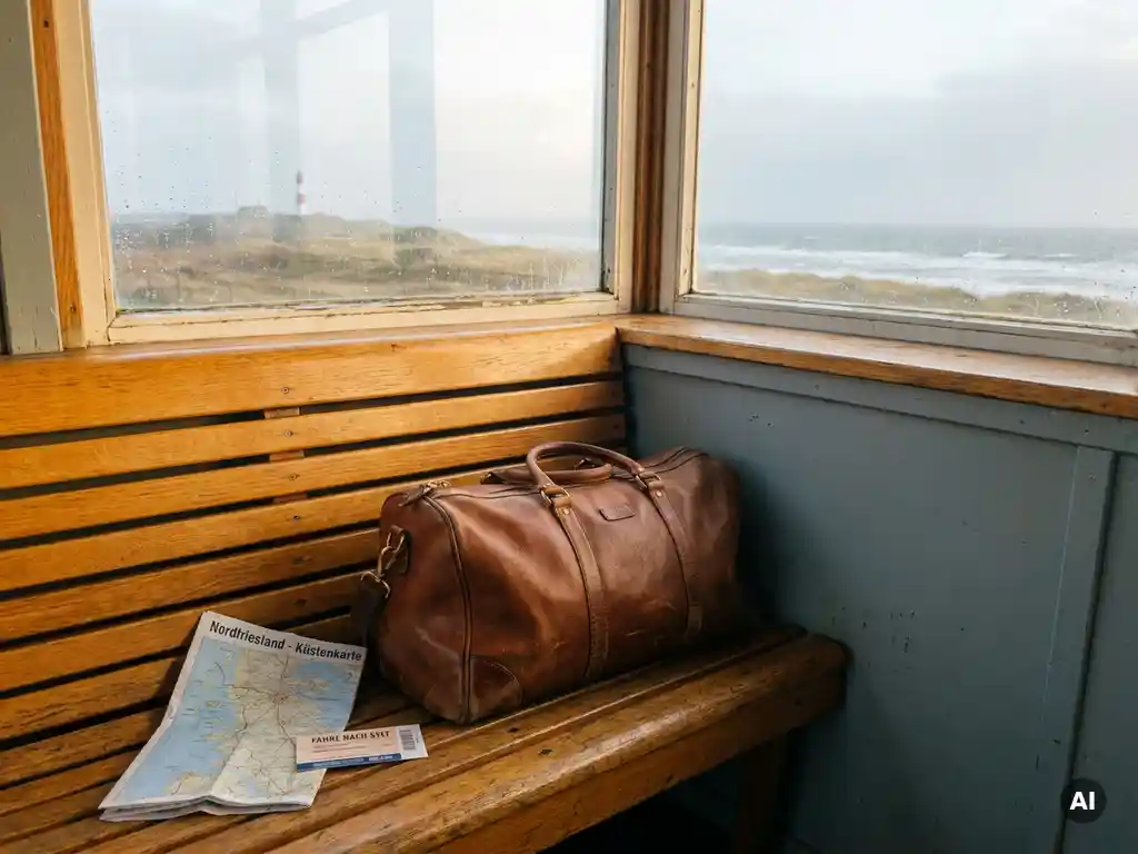Abgenutzter Ledertravelbag auf Bahnhofsbank mit Regionalkarte und Fährticket, norddeutsche Küstenlandschaft im Morgenlicht durch großes Fenster.