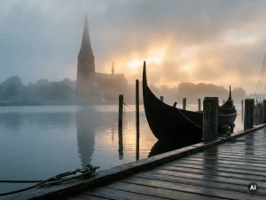 Schleswig-Dom mit rotem Backsteinturm über dem nebligen Schlei-Hafen, Wikinger-Langboot-Silhouette im goldenen Morgenlicht.