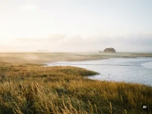 Schleswig-Holsteinische Küste mit goldenem Marschgras, ruhigem Nordseewasser und friesischem Backsteinbauernhaus im Morgennebel.
