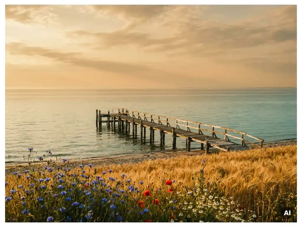 Verwitterter Holzsteg an der Schleswig-Holsteinischen Nordseeküste, goldene Weizenfelder und Wildblumen im Abendlicht.