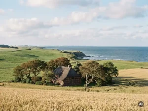 Friesisches Reetdachhaus zwischen Eichen, goldene Weizenfelder und Nordseeküste in Schleswig-Holstein im warmen Nachmittagslicht.