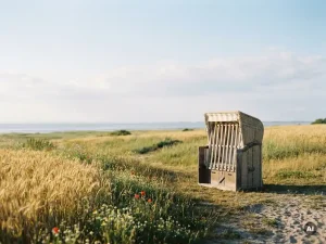 Verwitterter Strandkorb blickt auf die Nordsee, umgeben von Wildblumen und goldenen Weizenfeldern in Schleswig-Holstein im warmen Nachmittagslicht.