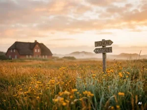 Goldene Wildblumenwiese an der Schleswig-Holsteinischen Küste mit friesischem Backsteinbauernhaus und Holzwegweiser zu Ostseedünen im Abendlicht.