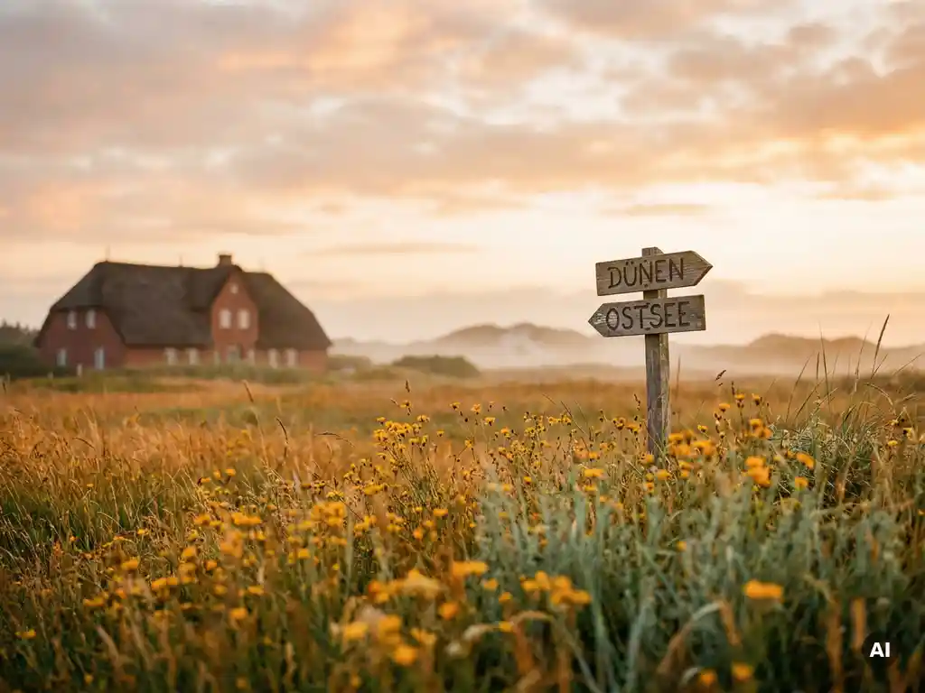 Goldene Wildblumenwiese an der Schleswig-Holsteinischen Küste mit friesischem Backsteinbauernhaus und Holzwegweiser zu Ostseedünen im Abendlicht.
