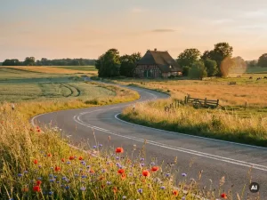 Zweispurige Landstraße durch Schleswig-Holstein mit Wildblumen, Reetdach-Friesenhaus und goldenes Nachmittagslicht über sattgrünen Wiesen.