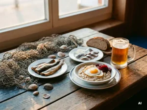 Rustikaler Holztisch mit Schleswig-Holsteiner Spezialitäten: Räucherfisch, Roggenbrot, Labskaus und Bier, dekoriert mit Fischernetz und Muscheln.